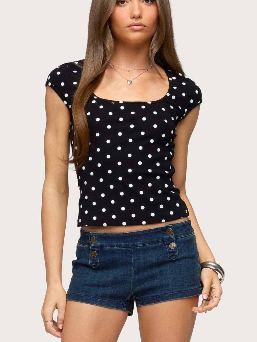 Edikted Black Polka Dot Square Neck Top M